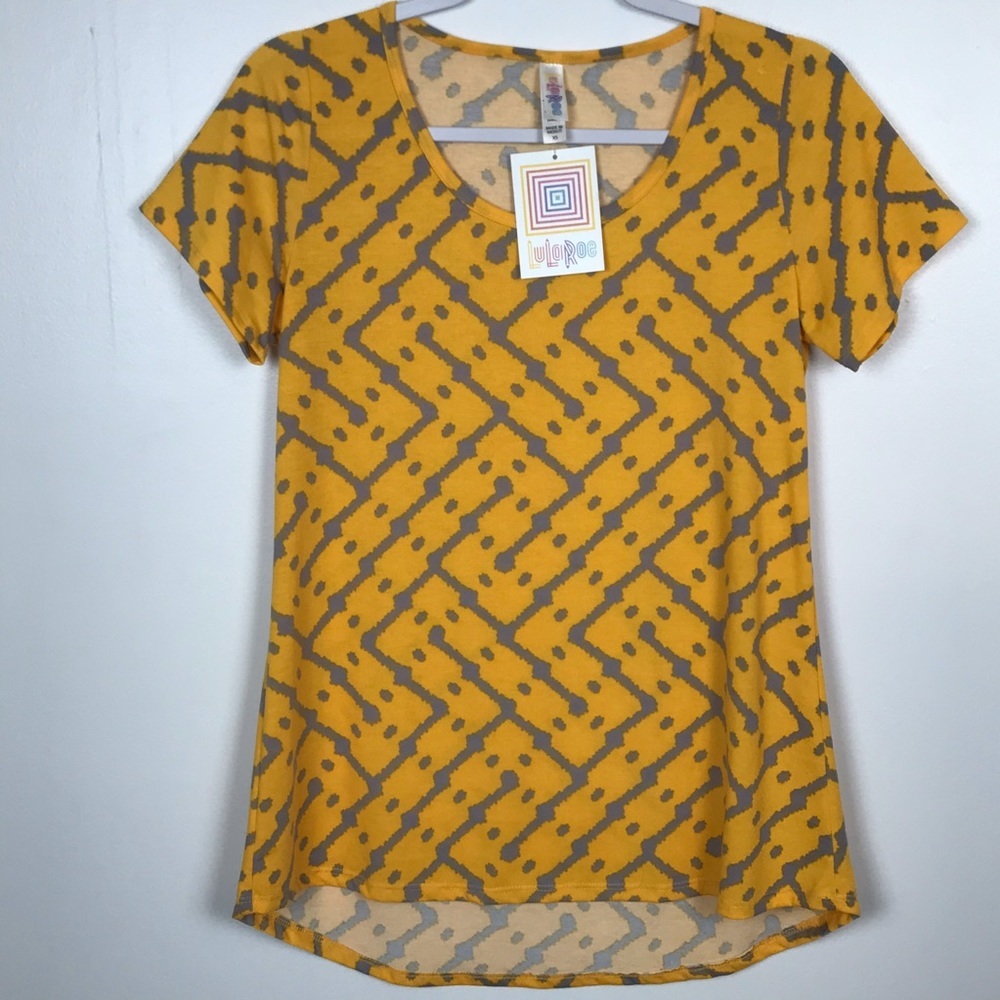 NWT LuLaRoe Perfect Tee Scoop Neck Asymmetrical Yellow Gray XS‎ Geometrical